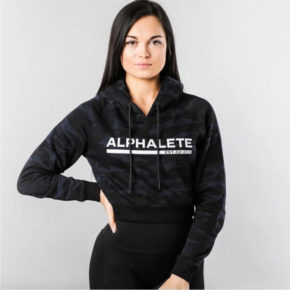 Alphalete Cropped Logo Hoodie Black Gray Camo Size S NWT